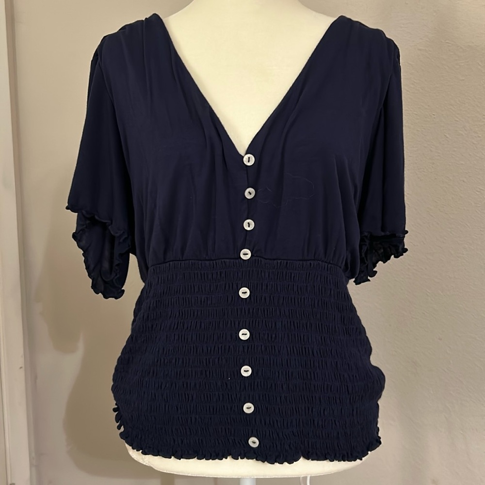 Navy blue shirred waist cotton top size 2X